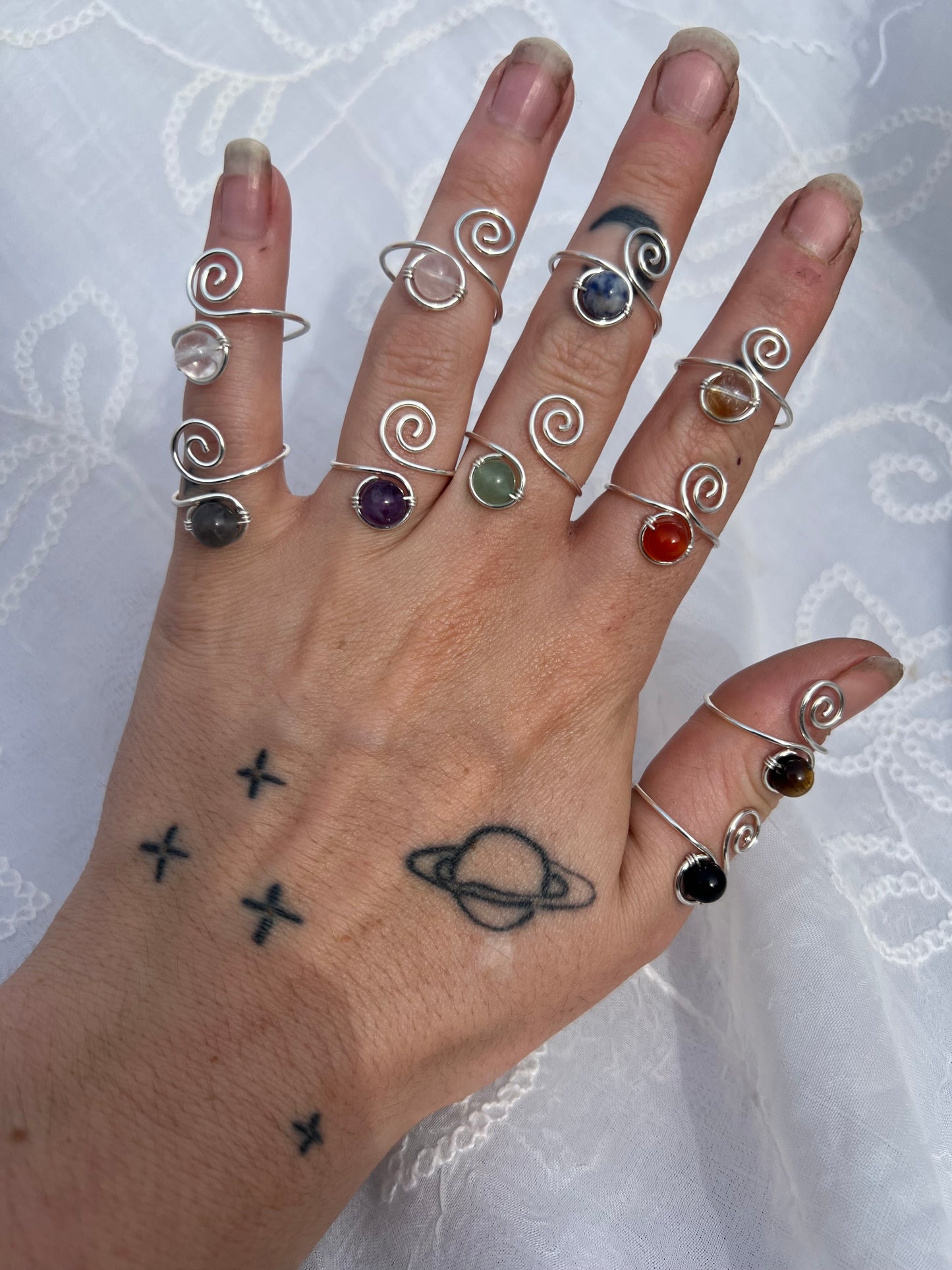 silver crystal bead swirly adjustable ring