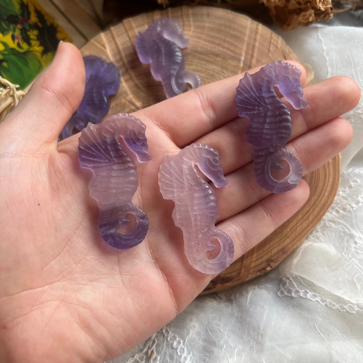 small fluorite sea horse carvings