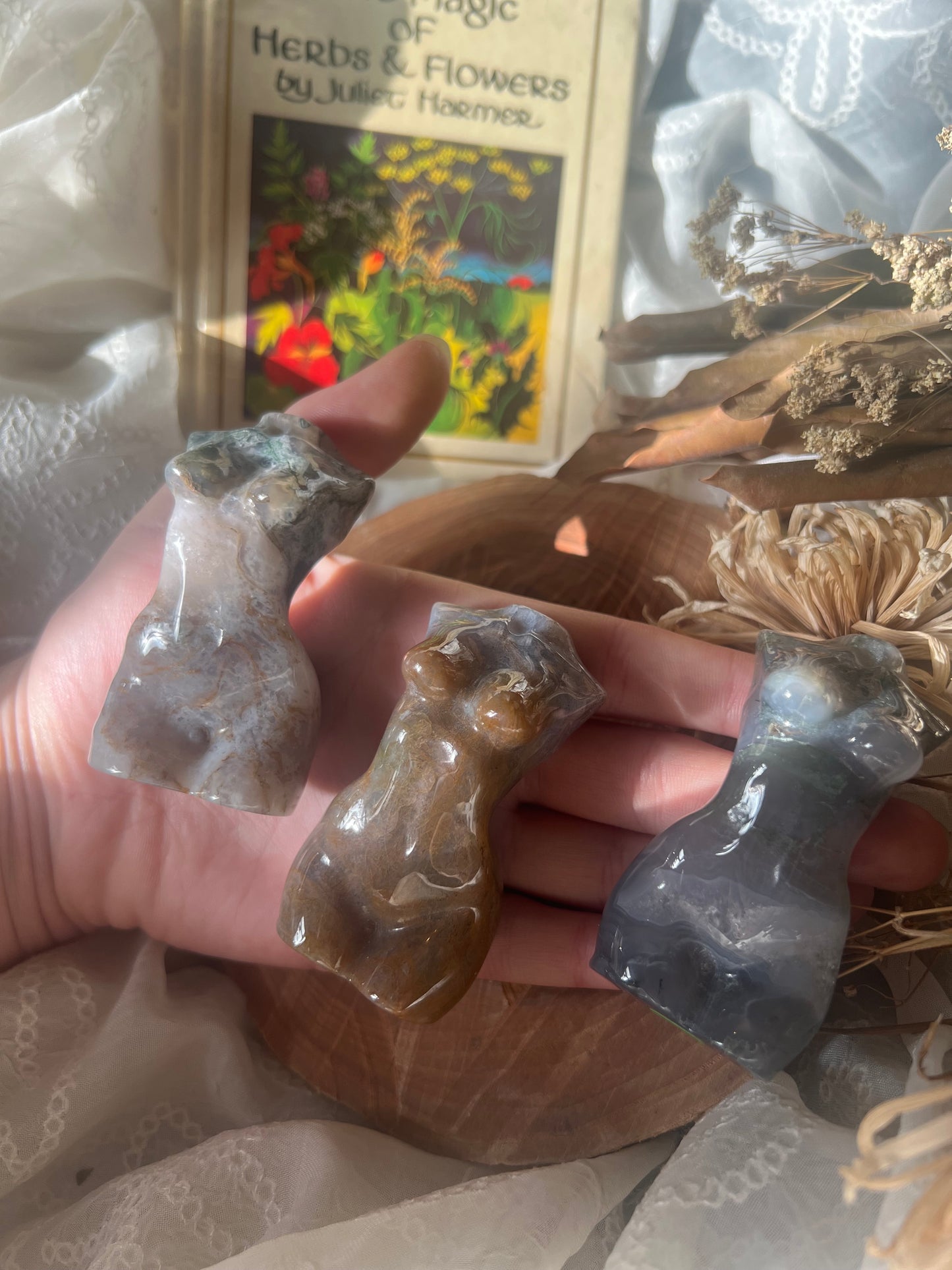 large moss agate goddess body carvings