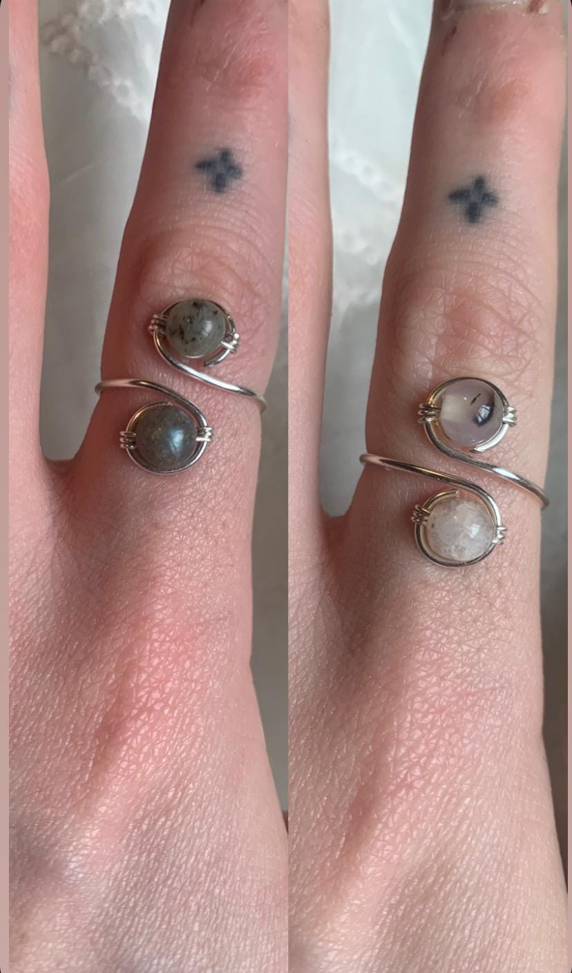 silver Double Crystal Bead Adjustable Ring