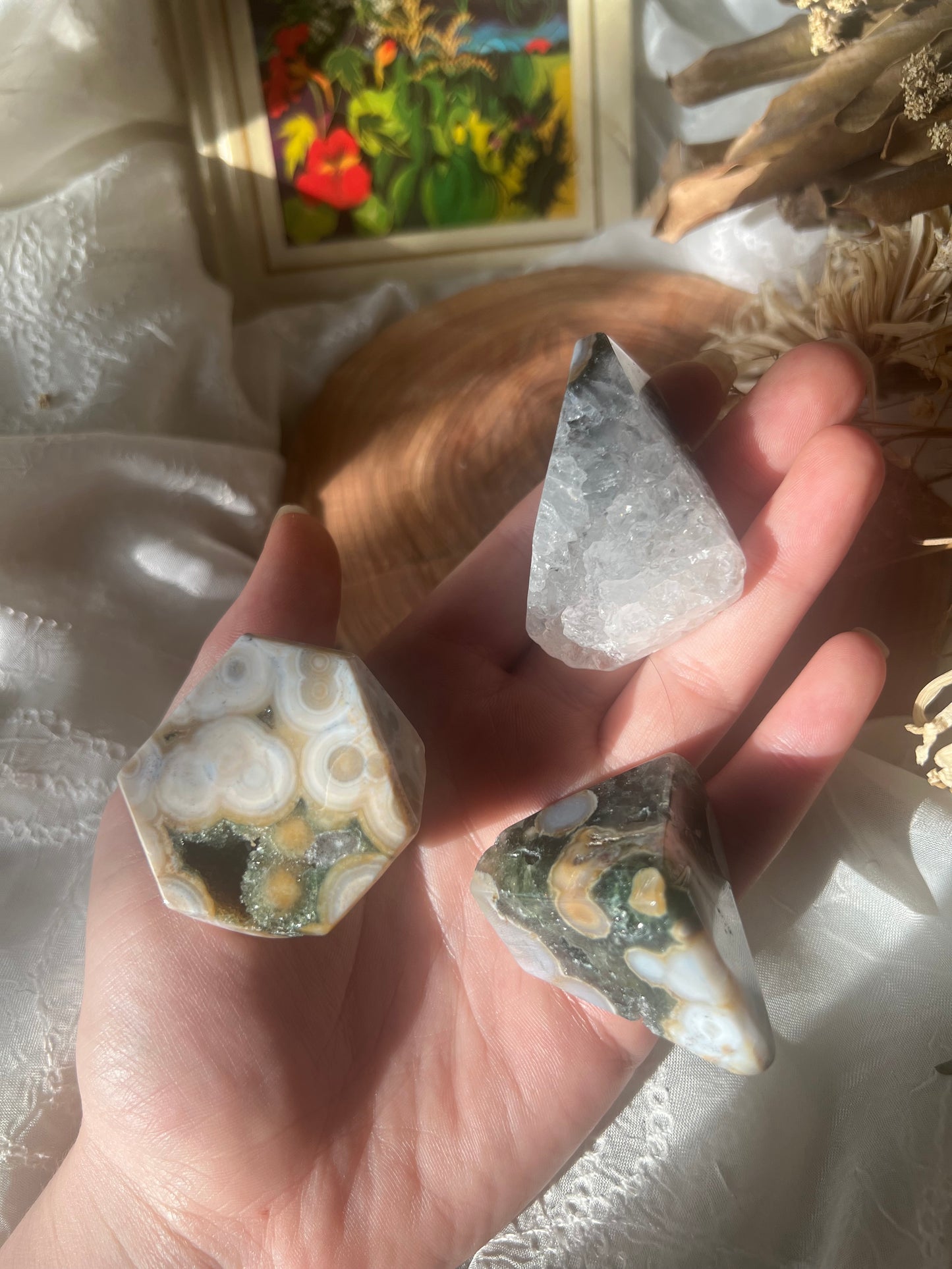 green ocean jasper with druzy polished chunks