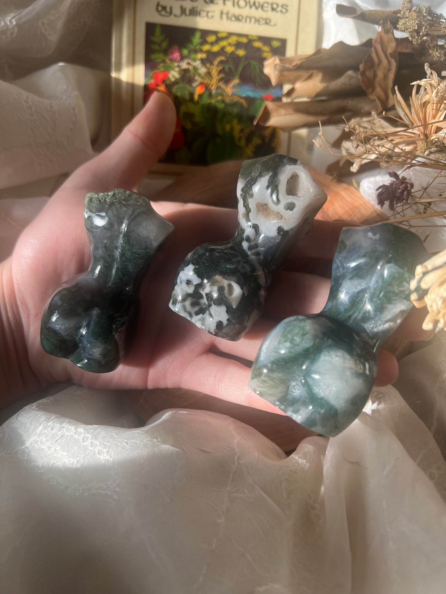 large moss agate goddess body carvings