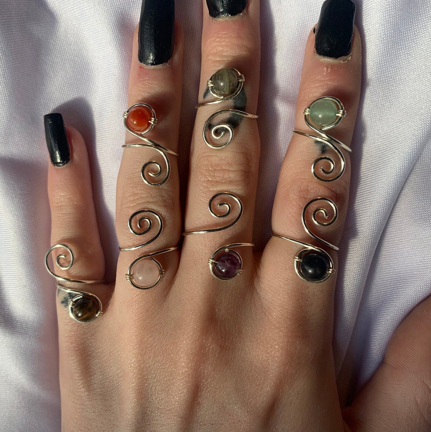 silver crystal bead swirly adjustable ring