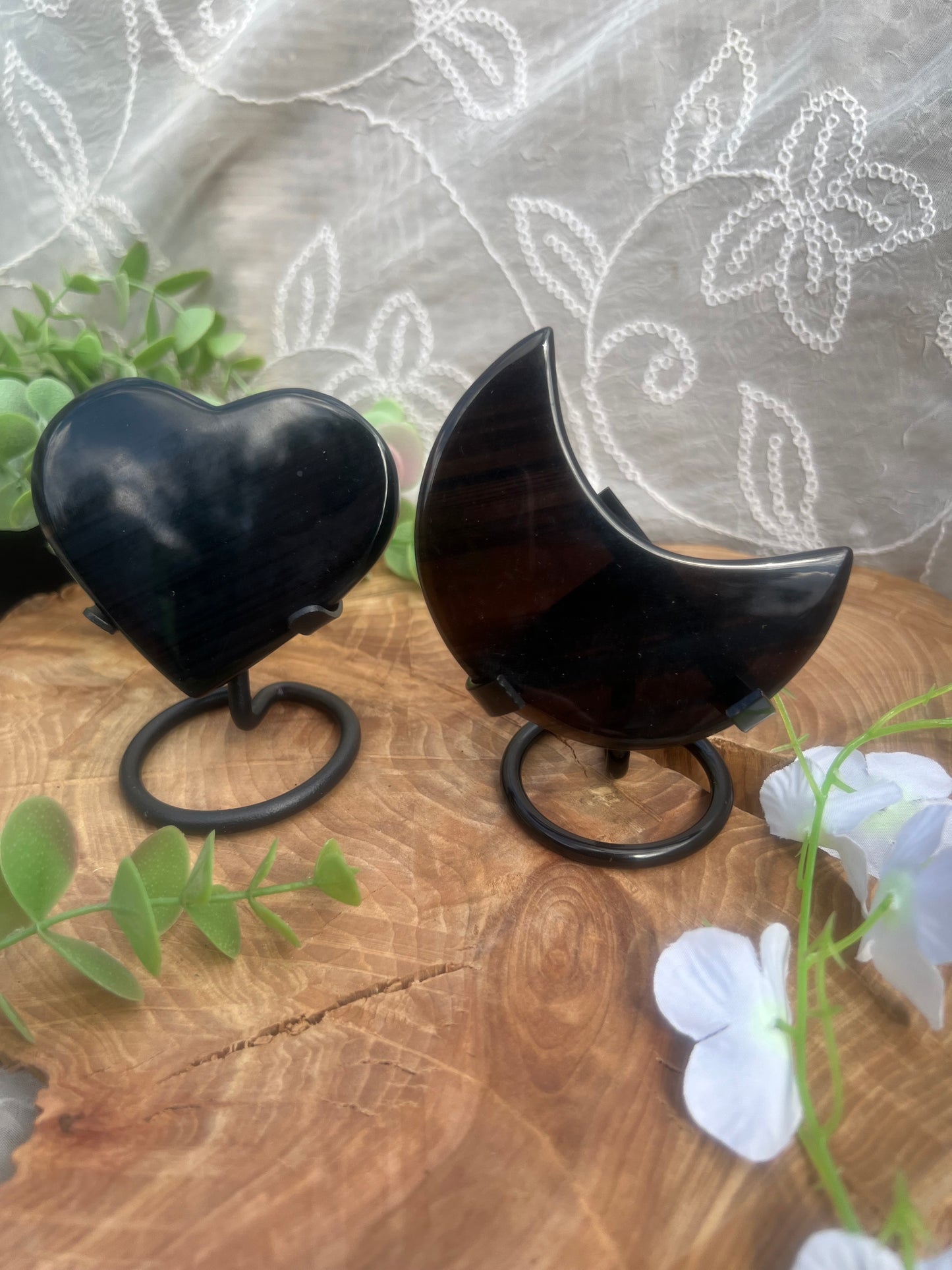 large lace obsidian heart carvings with stand