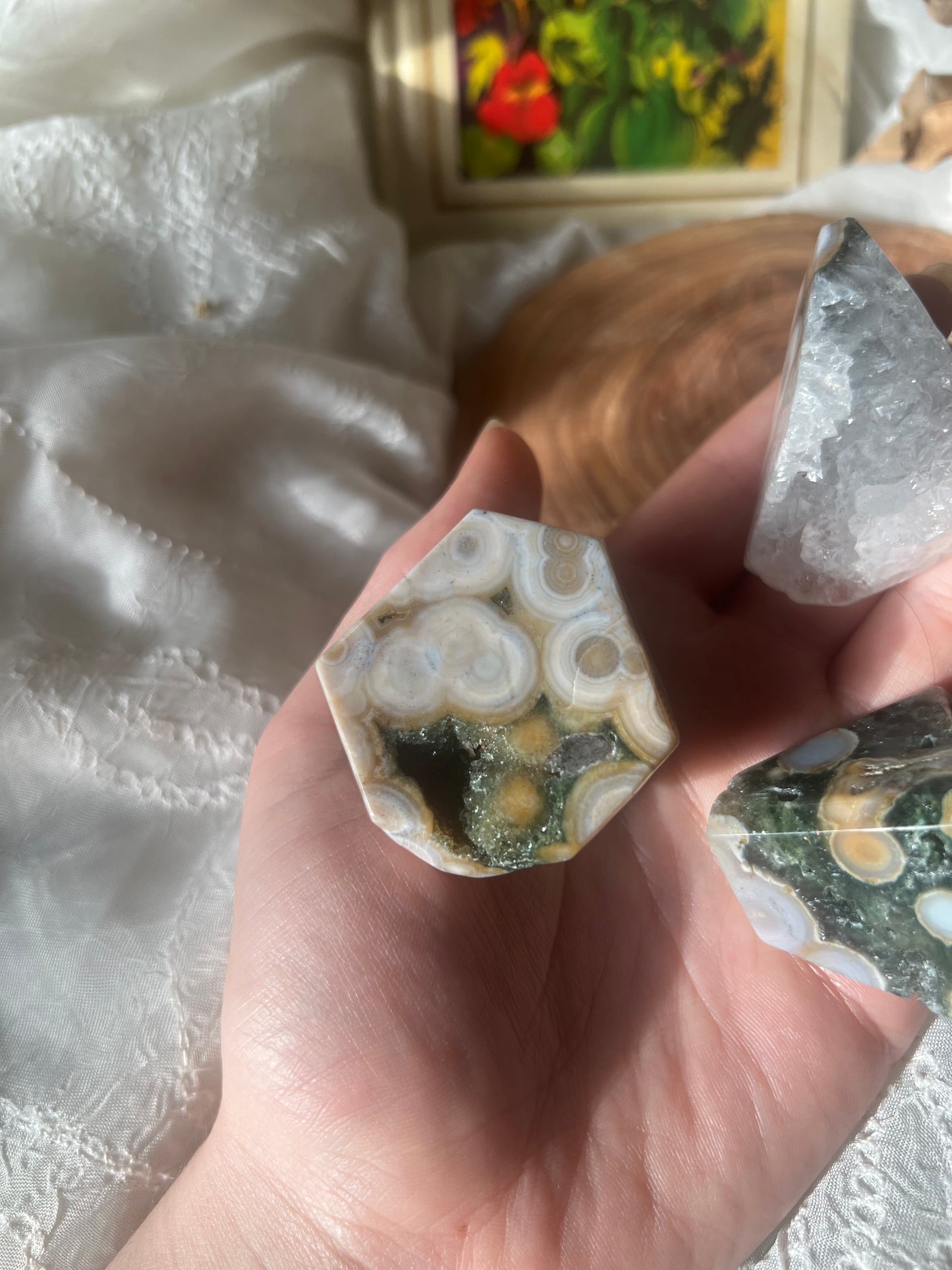 green ocean jasper with druzy polished chunks