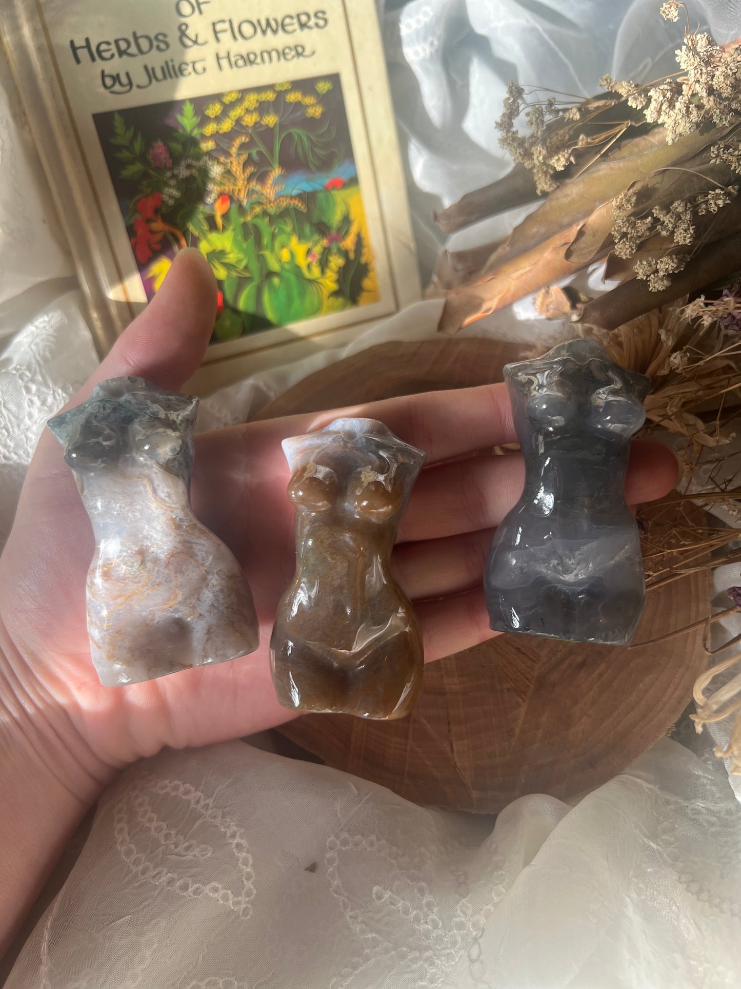 large moss agate goddess body carvings