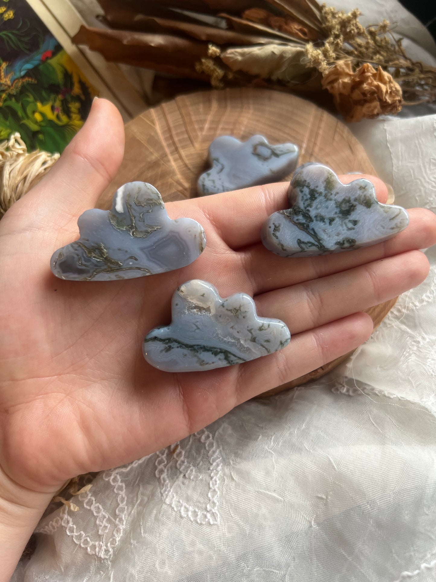 small moss agate cloud carvings