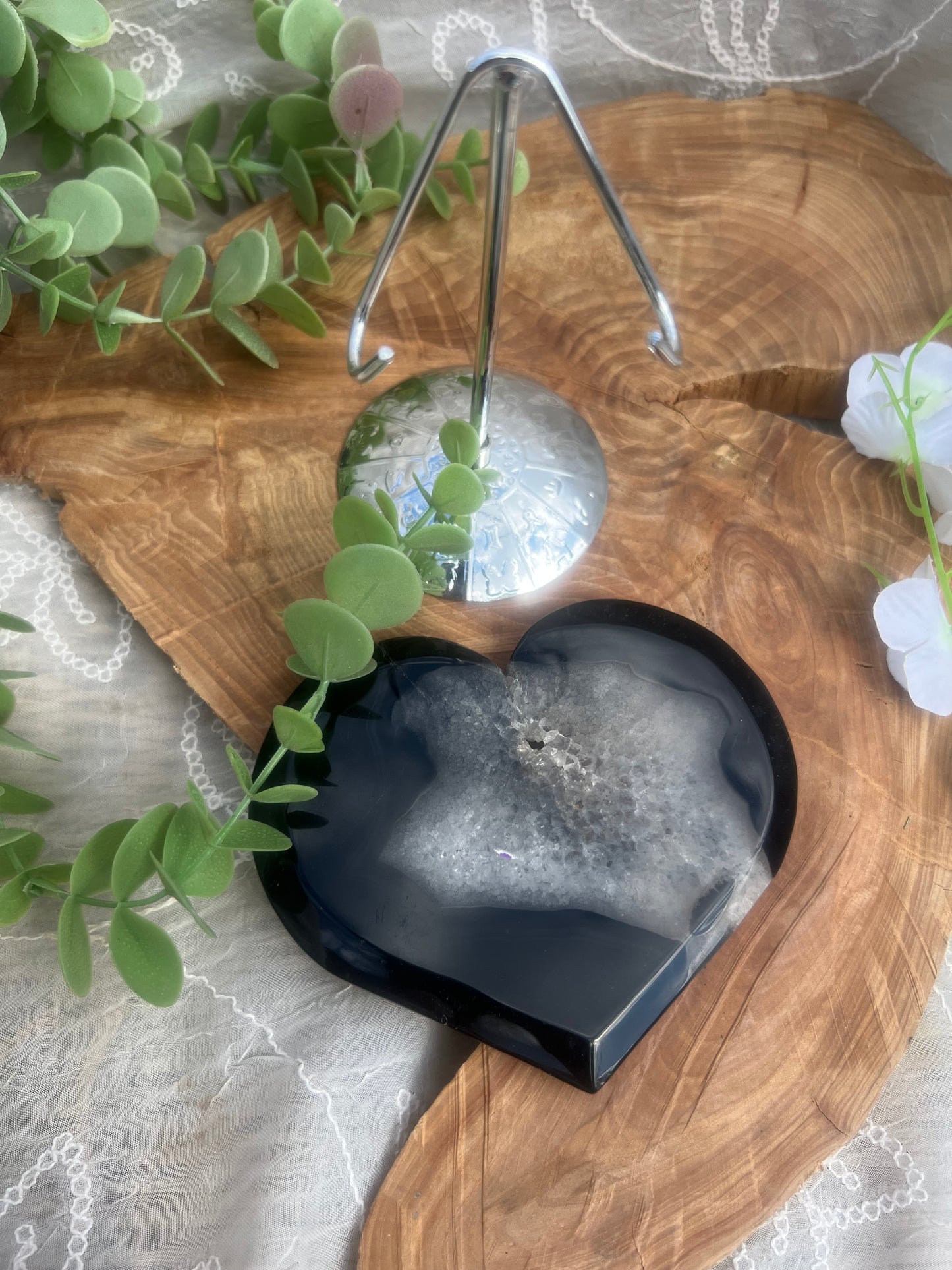 large black agate heart carving with stand