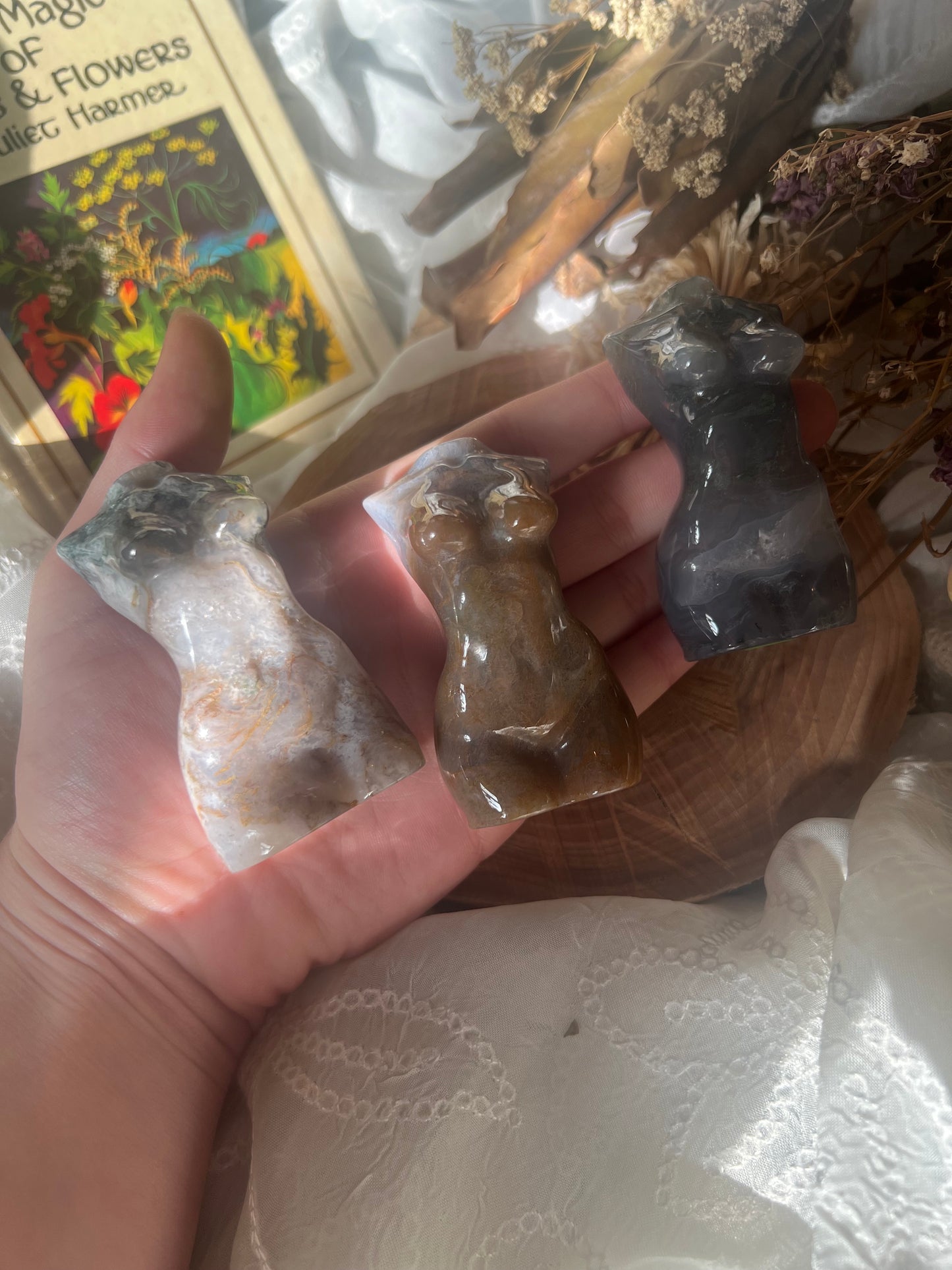 large moss agate goddess body carvings