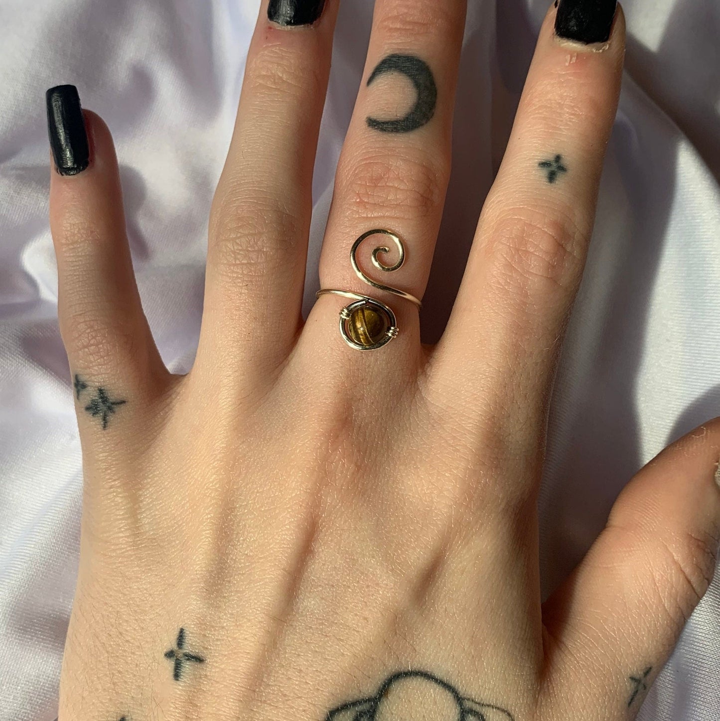 silver crystal bead swirly adjustable ring