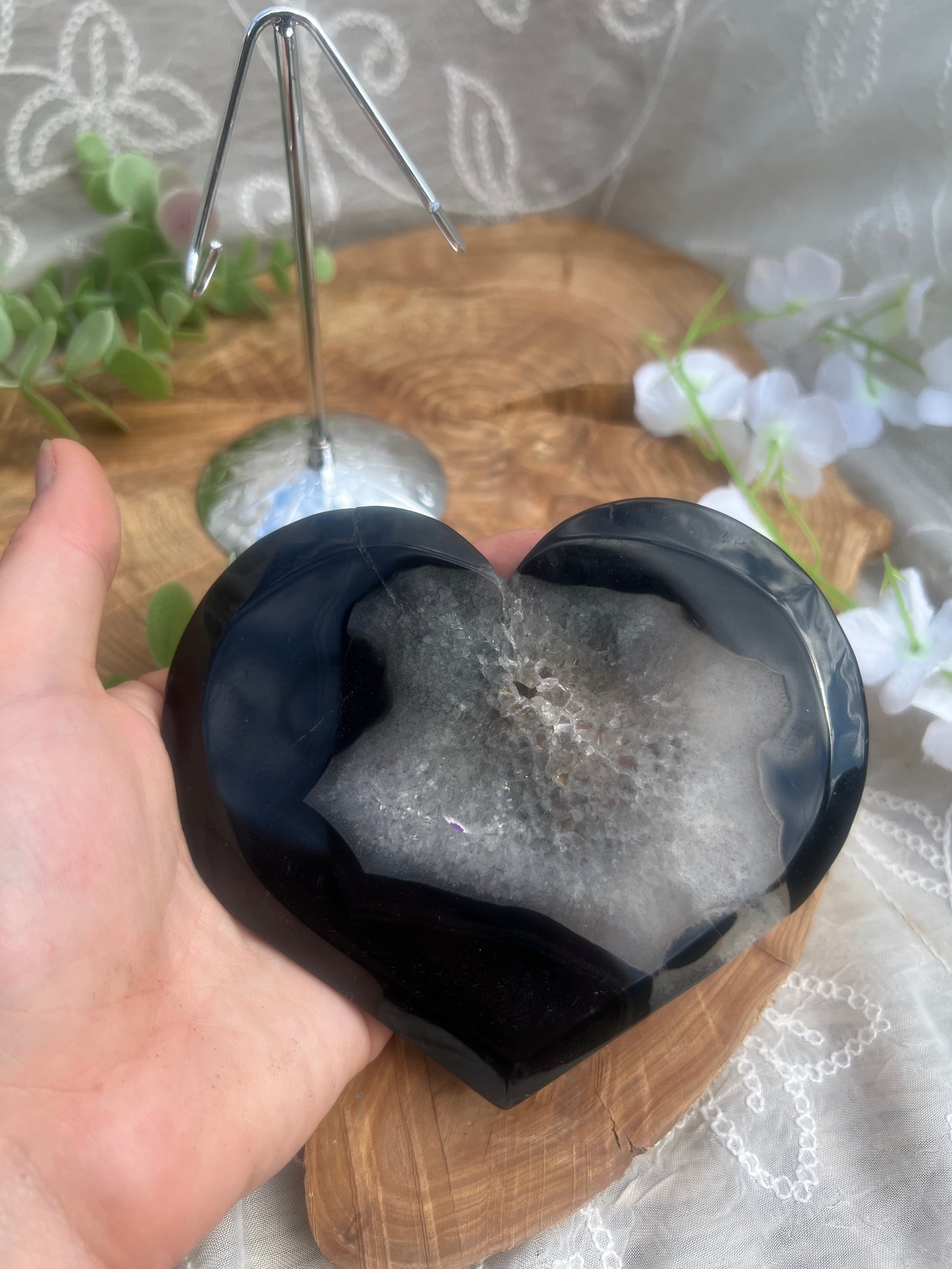 large black agate heart carving with stand