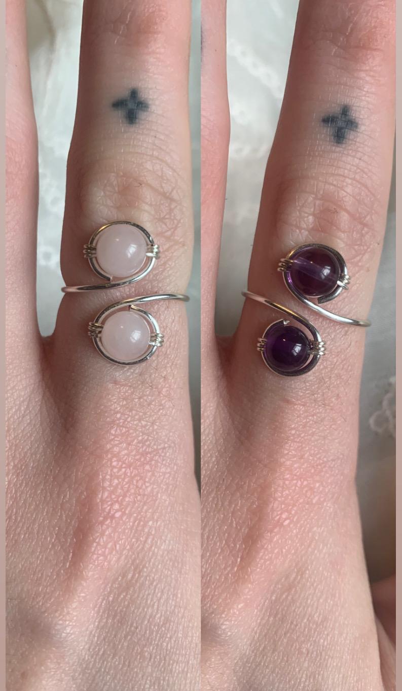 silver Double Crystal Bead Adjustable Ring