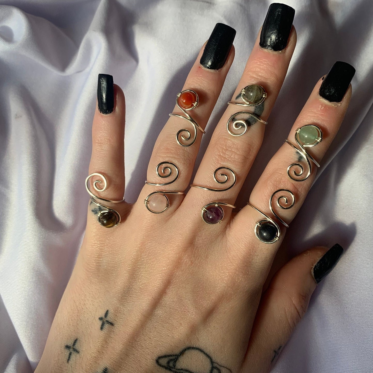 silver crystal bead swirly adjustable ring
