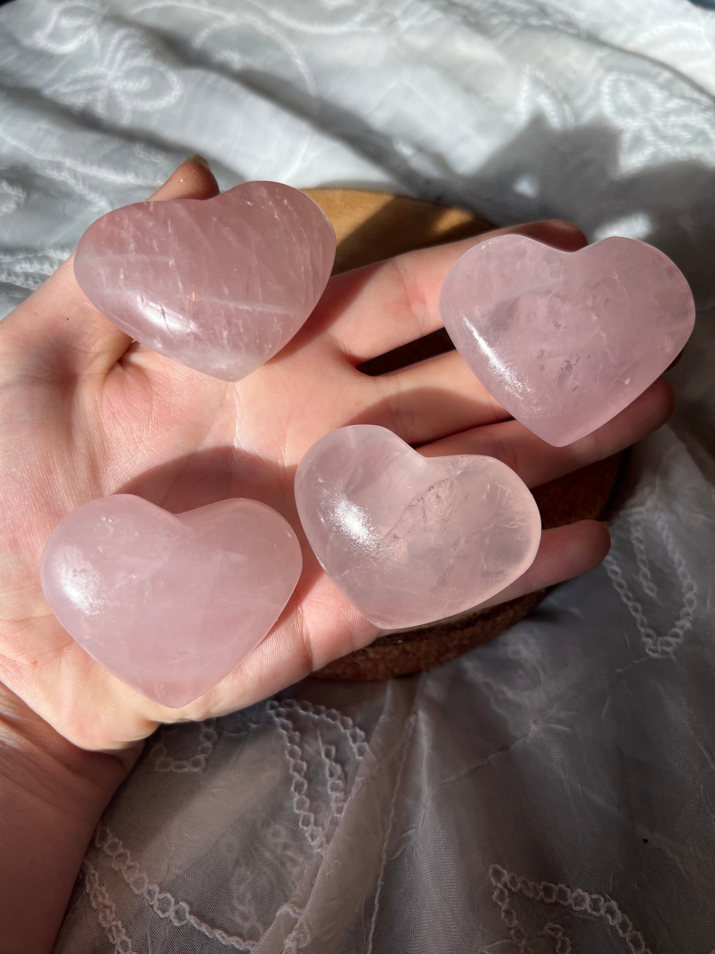 rose quartz heart shaped palm stone/pebbles