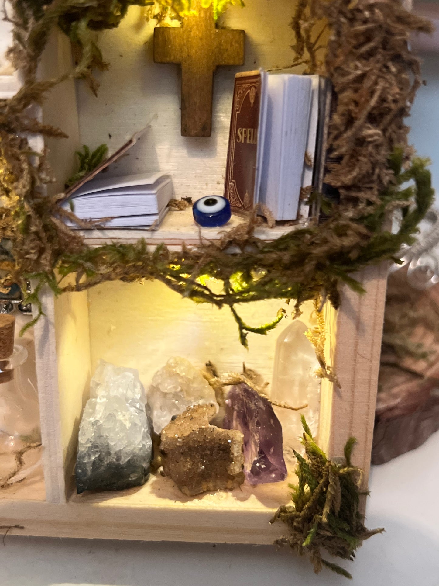 Light up witchy miniature cabinet apothecary scene display