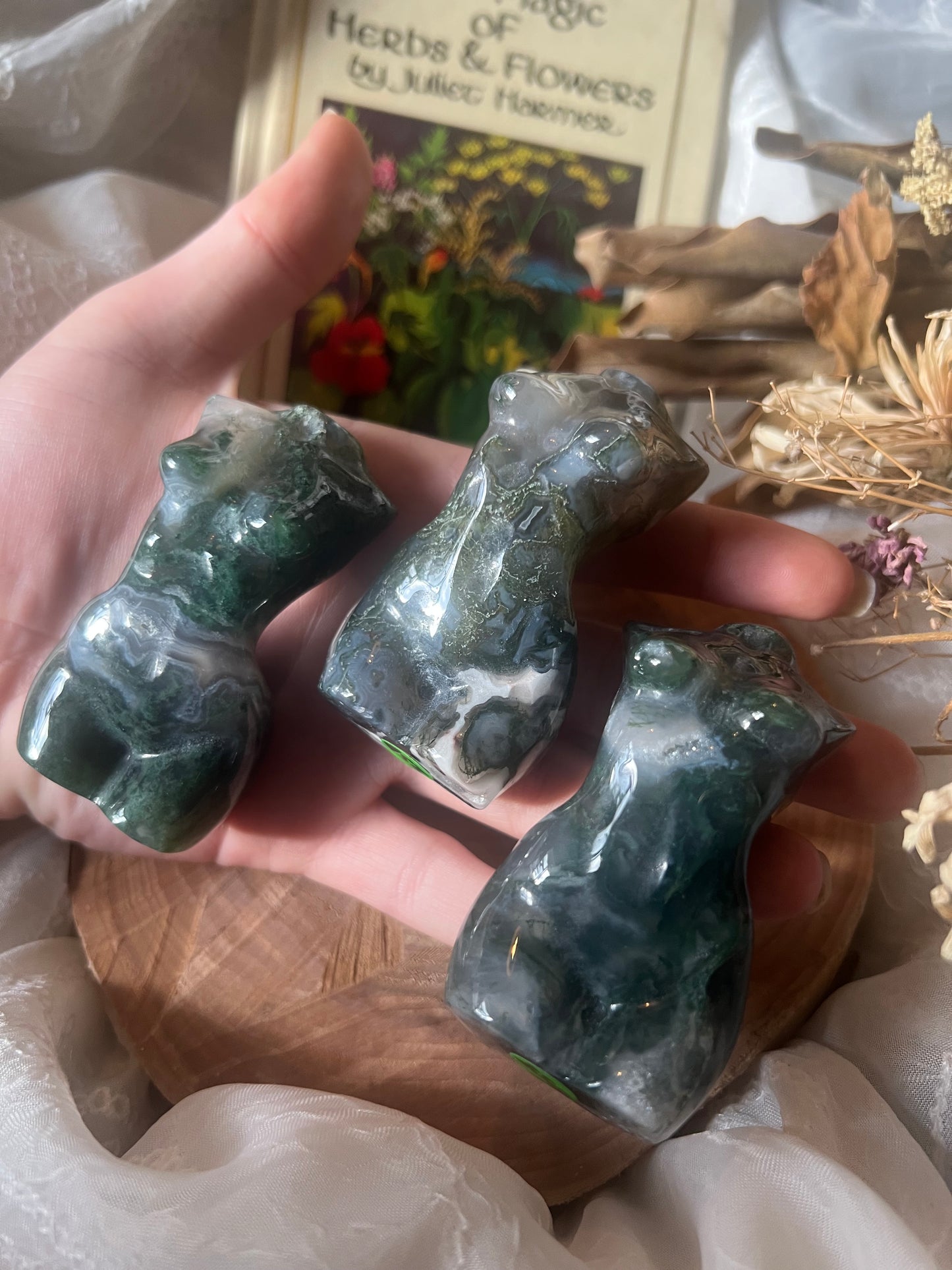 large moss agate goddess body carvings