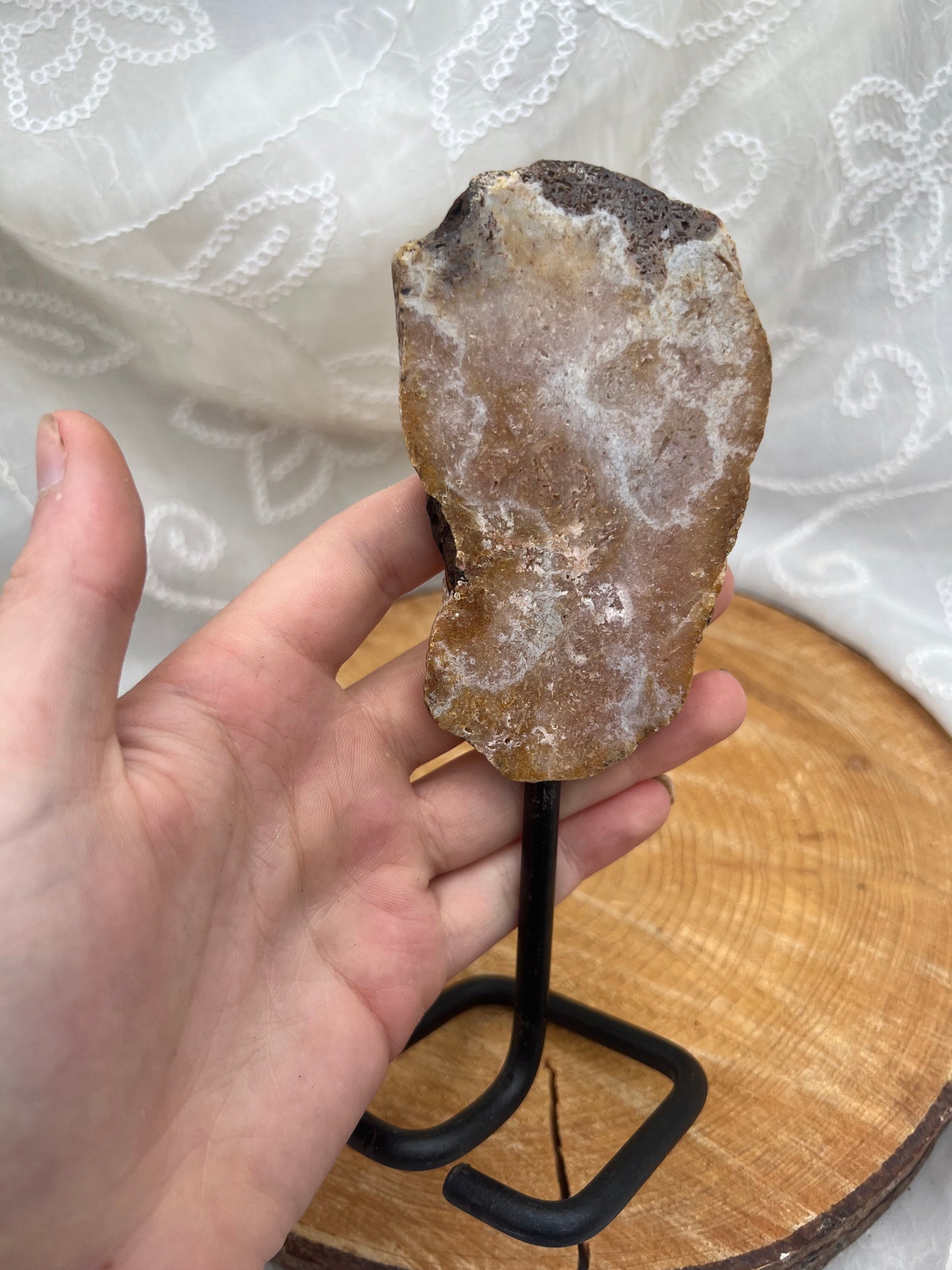 large pink amethyst slab on stand A