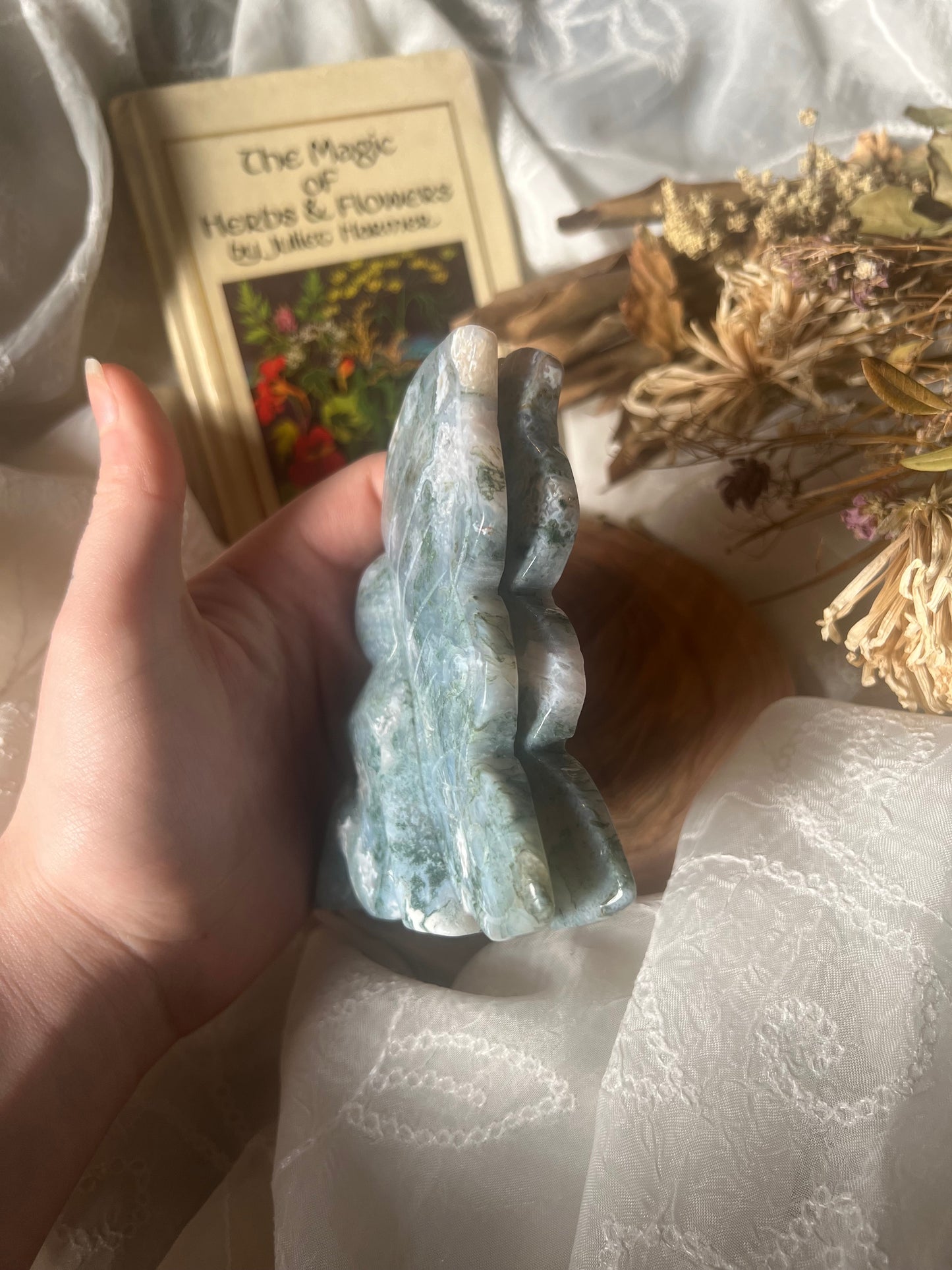 x-large moss agate sitting fairy carving