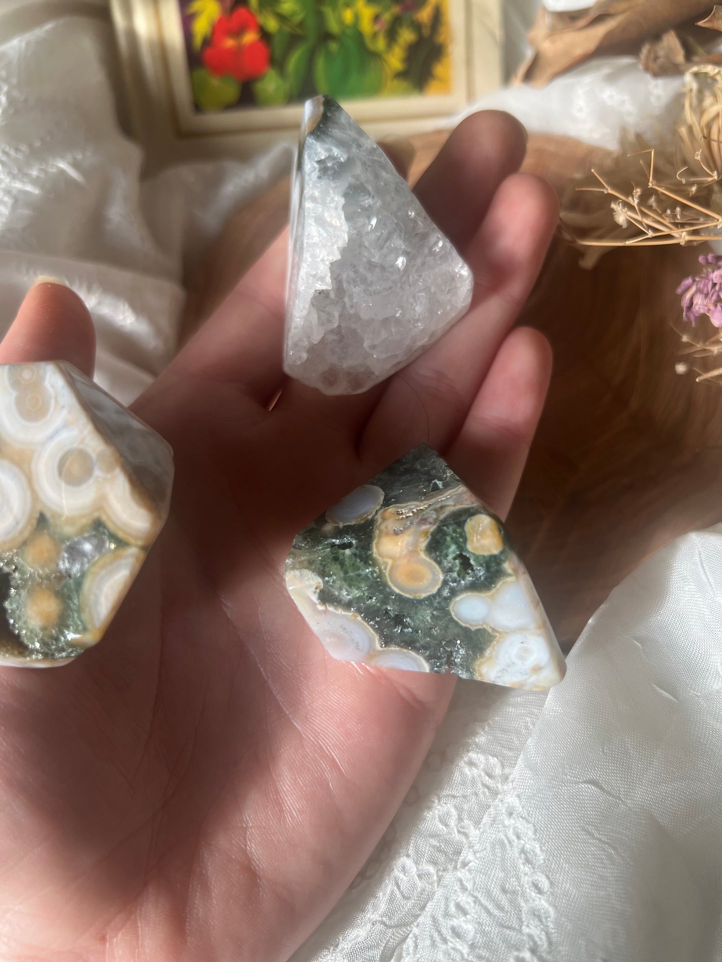 green ocean jasper with druzy polished chunks