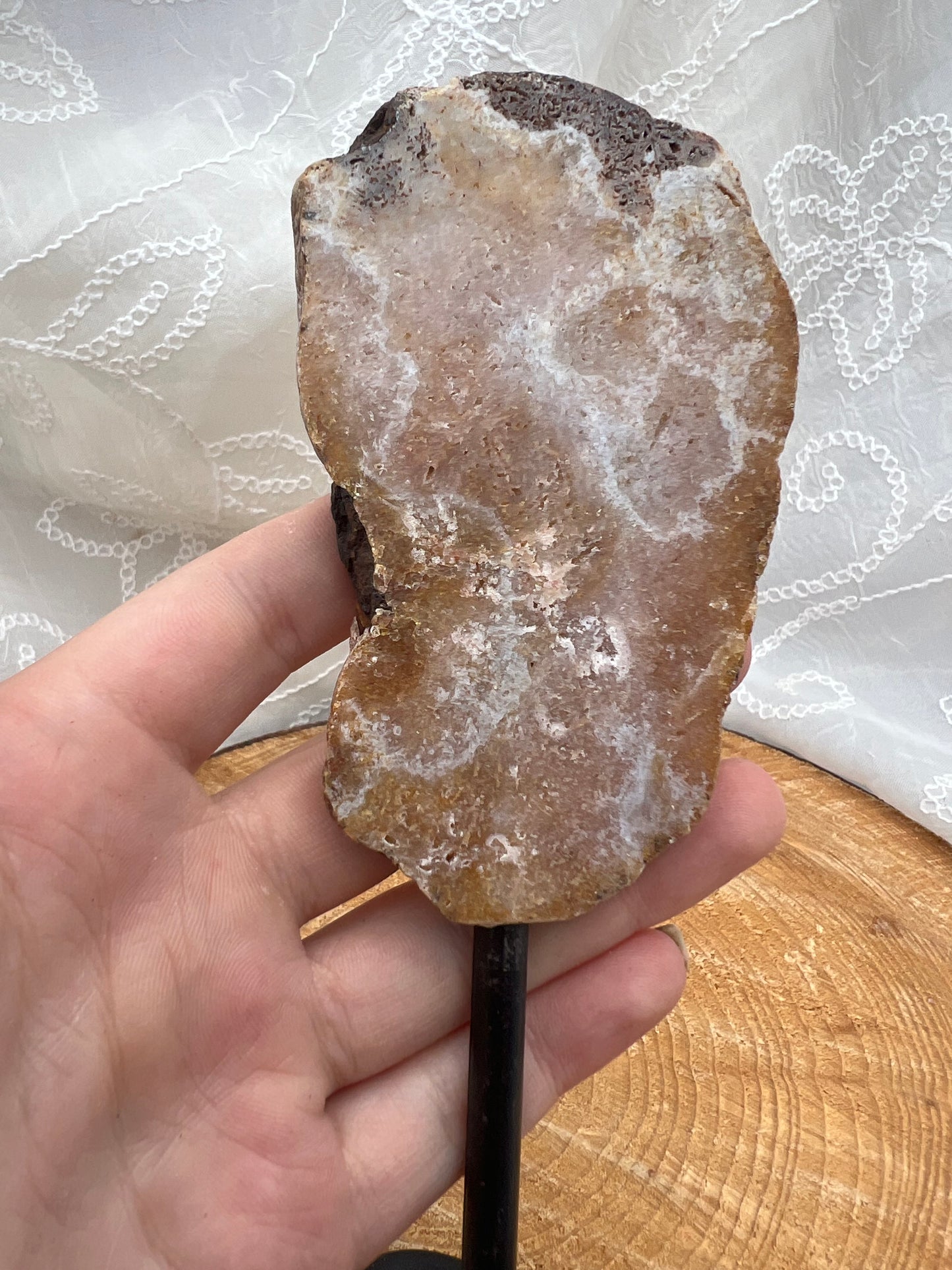 large pink amethyst slab on stand A