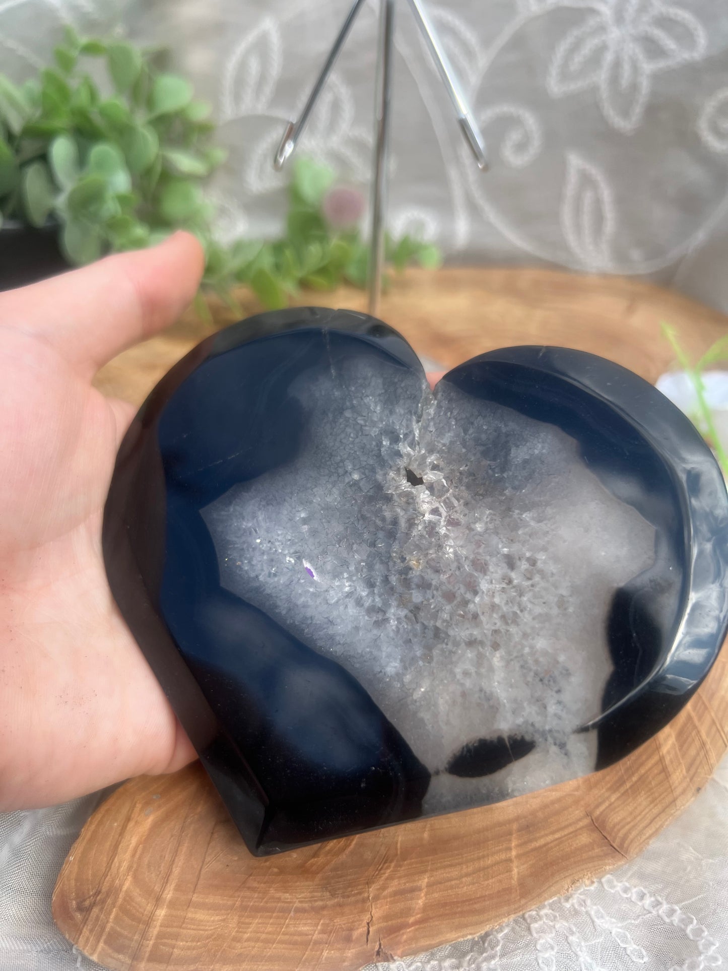 large black agate heart carving with stand