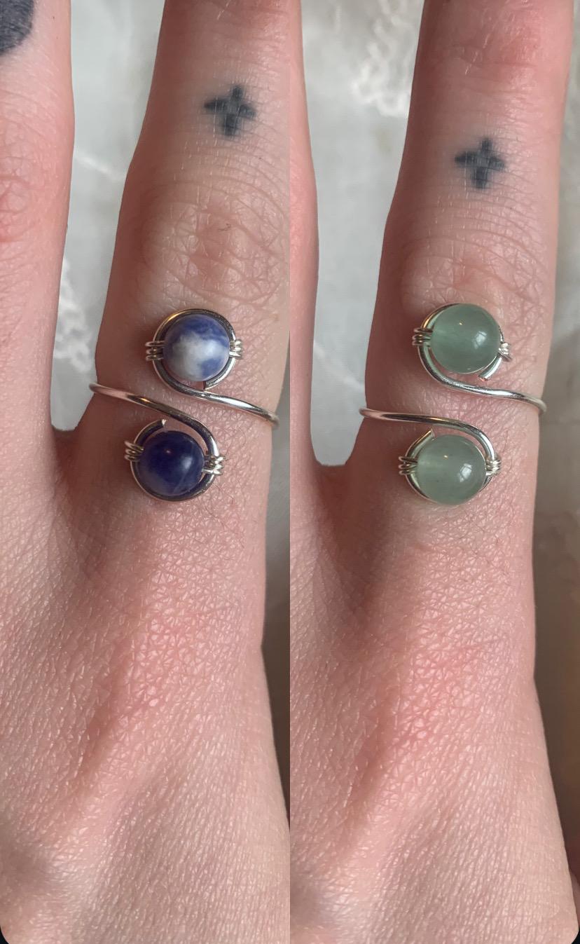 silver Double Crystal Bead Adjustable Ring