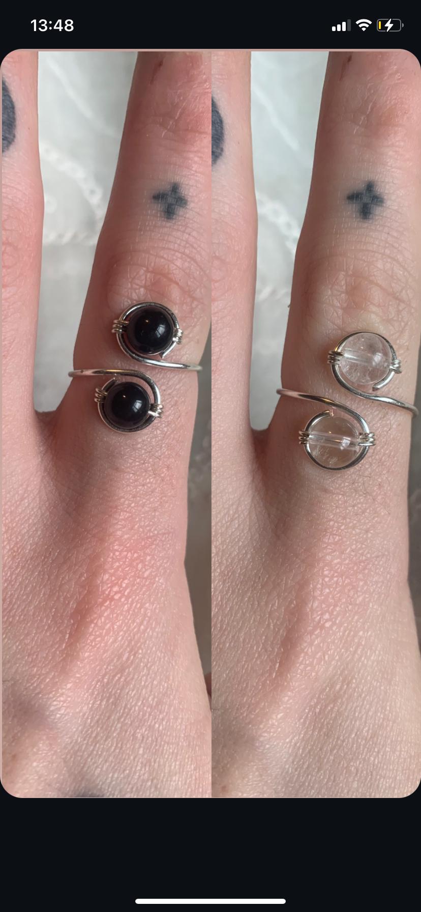 silver Double Crystal Bead Adjustable Ring