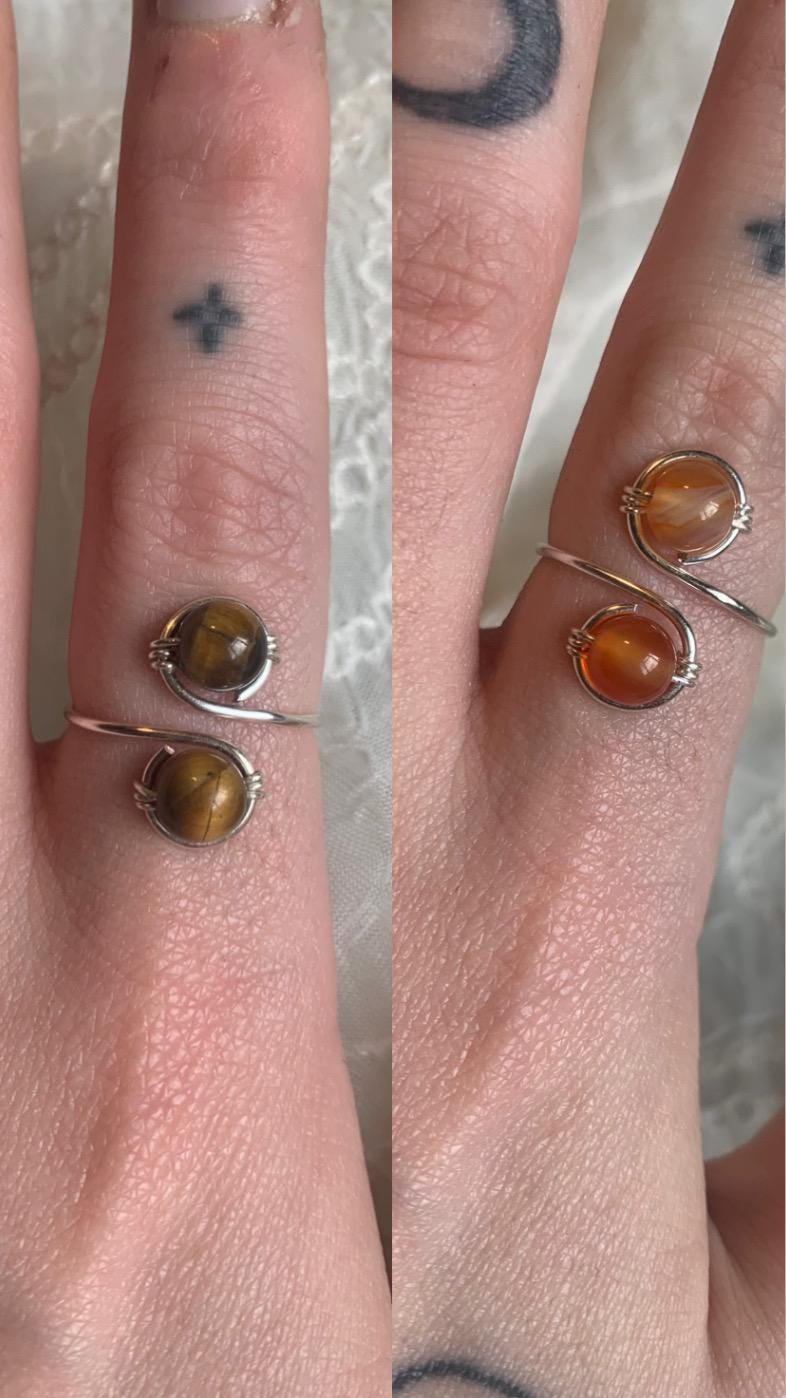 silver Double Crystal Bead Adjustable Ring