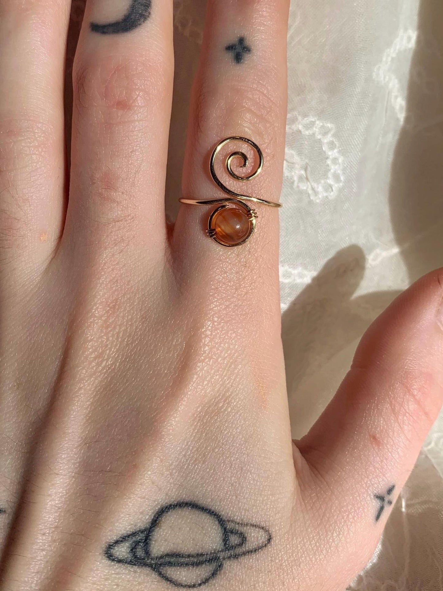 handmade gold swirly adjustable crystal bead wire ring
