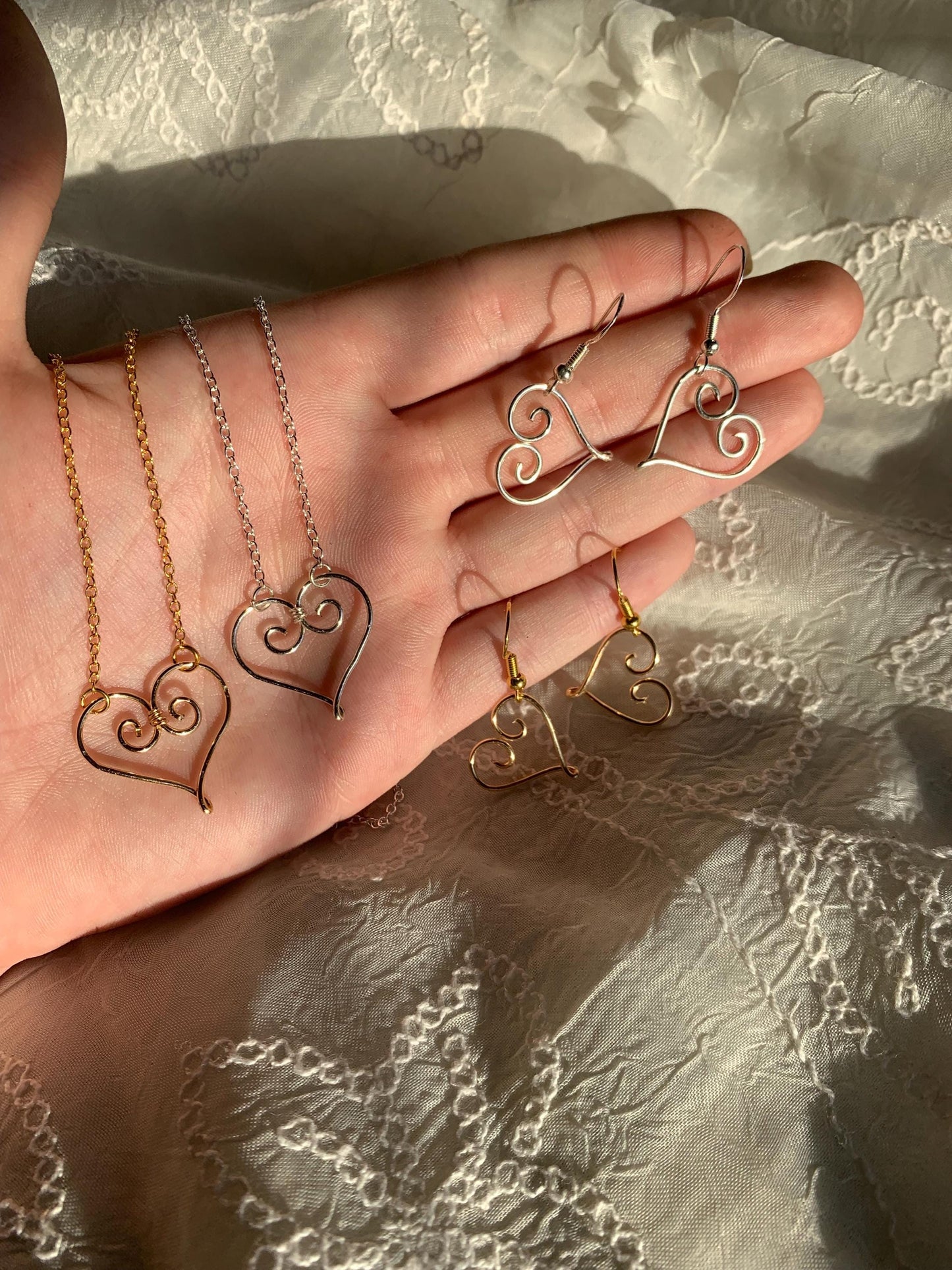 swirly love heart shaped necklace and earrings gift