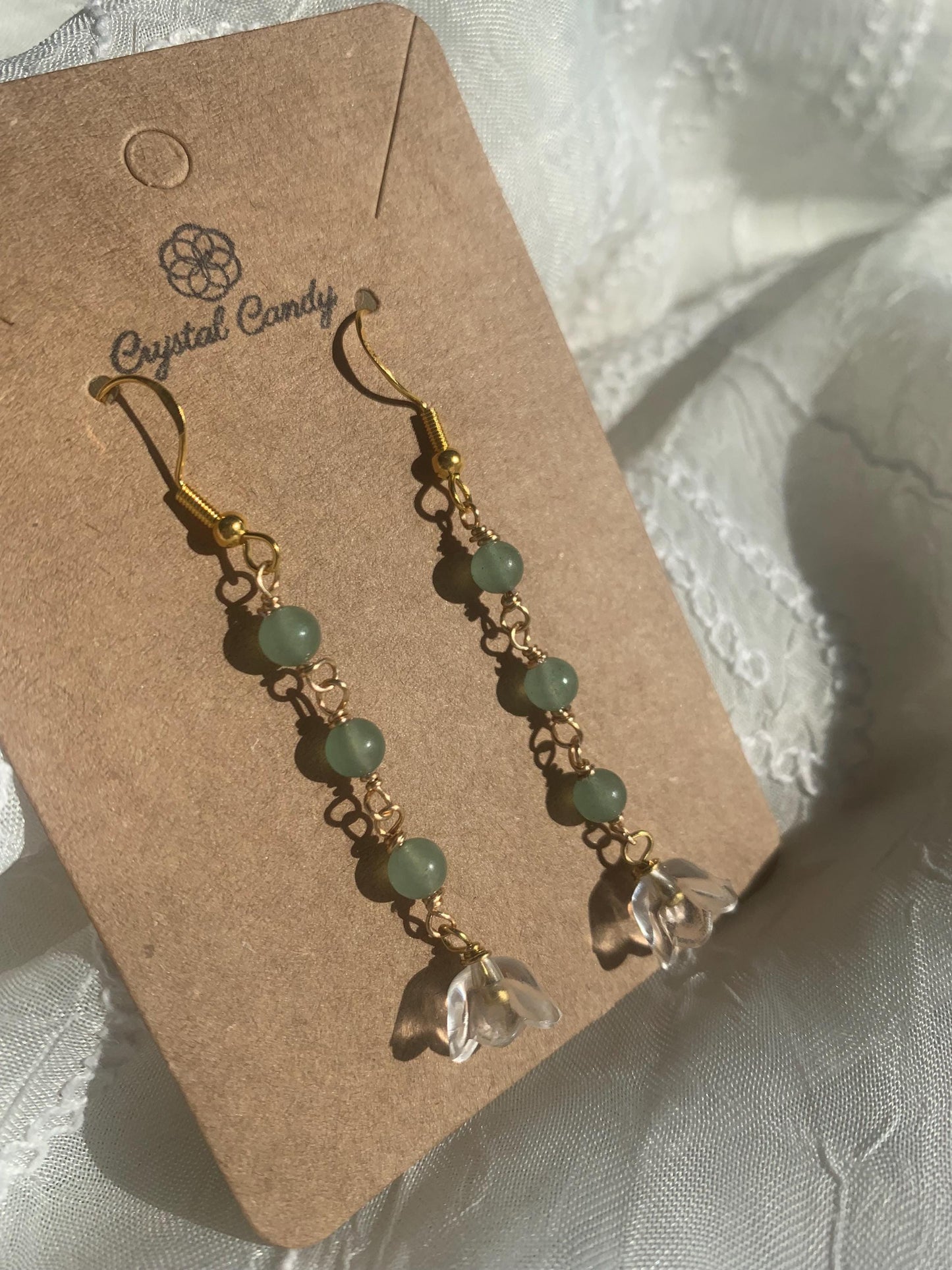 handmade gold and silver lilly of the valley flower and crystal bead drop down earrings-dangly earrings-flower jewellery-fairy earrings