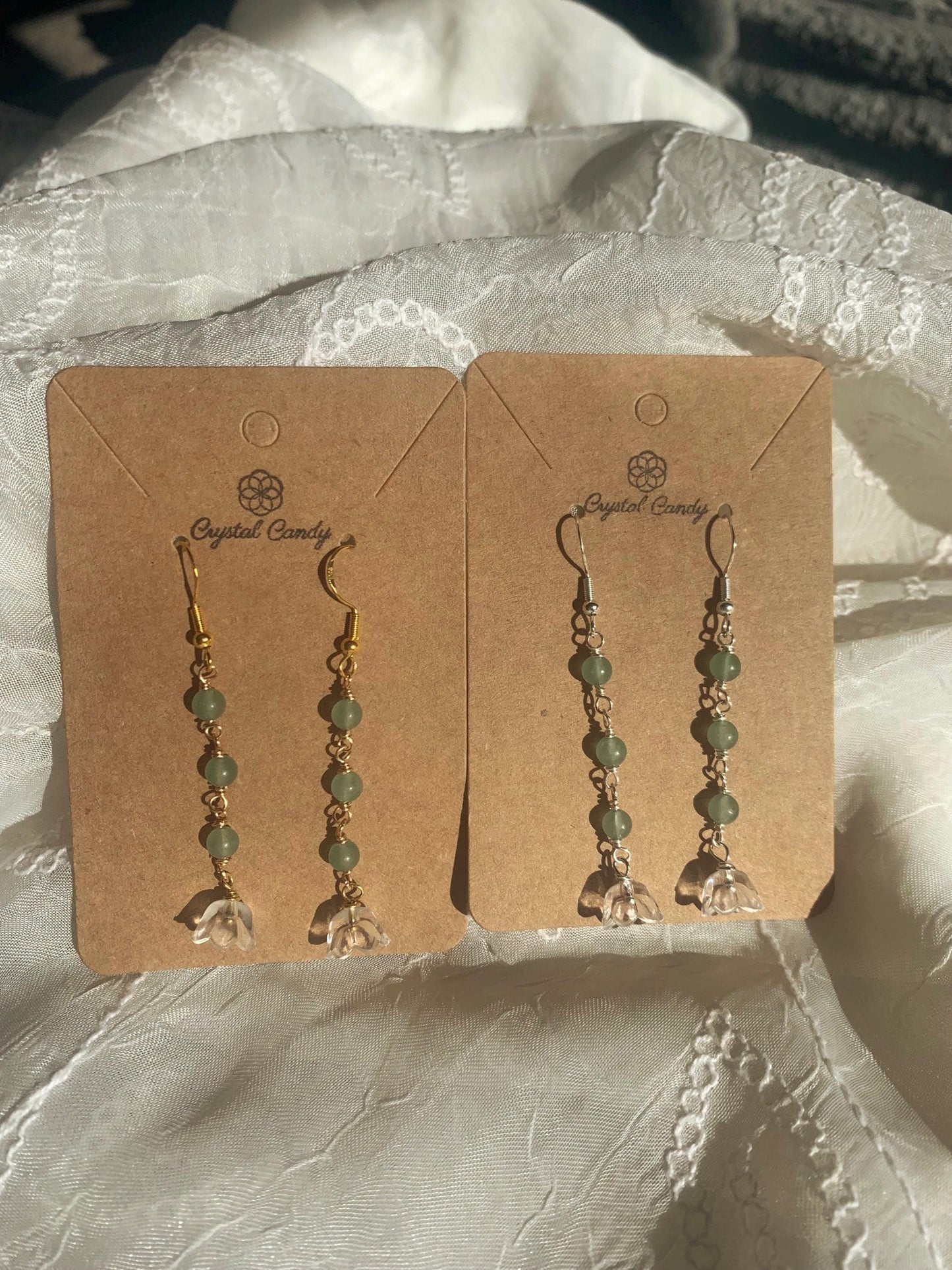 handmade gold and silver lilly of the valley flower and crystal bead drop down earrings-dangly earrings-flower jewellery-fairy earrings
